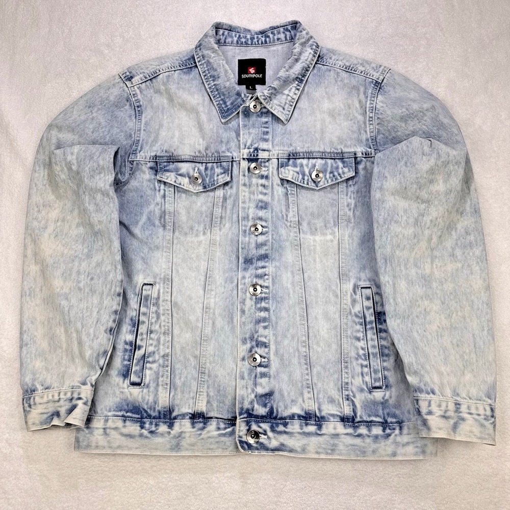 Vtg SouthPole Trucker Jean Jacket Men L Blue Heavy Denim Acid Washed Grunge Y2K